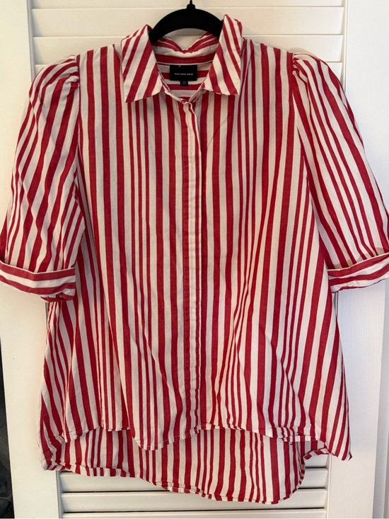 Who What Wear Tops - Who What Wear 100% Cotton Woven Red & White Stripe Button-Up Shirt Sz M